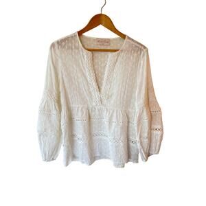 Miss Jane Puff Sleeve Eyelet Lace Plunge V-Neck Top White Women's Size Small